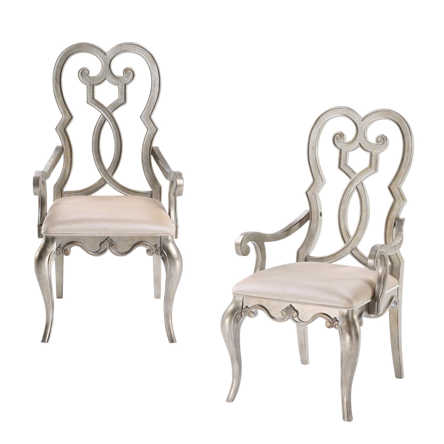 Set of Two Ivory And Champagne Upholstered Velvet Dining Arm Chairs