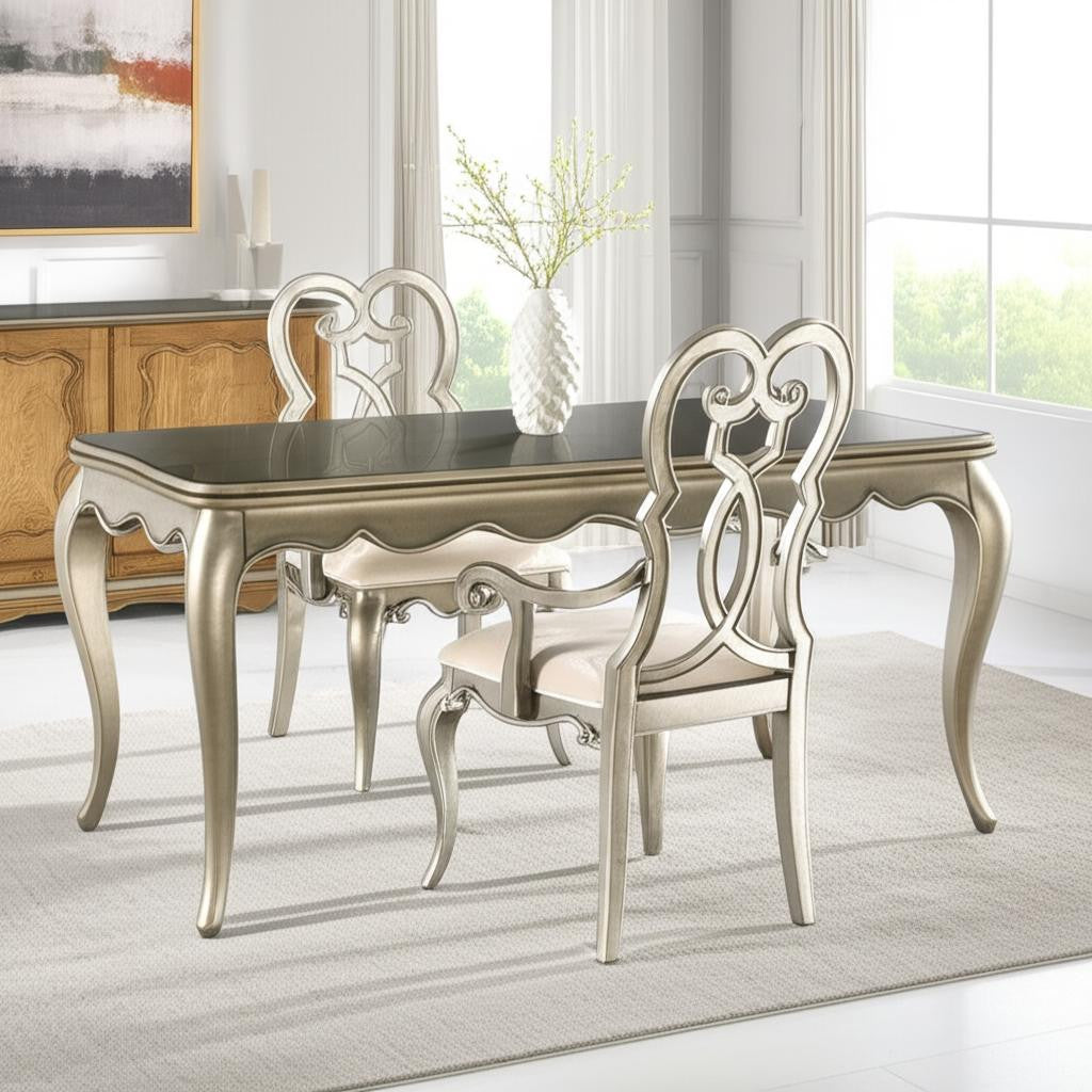 Set of Two Ivory And Champagne Upholstered Velvet Dining Arm Chairs