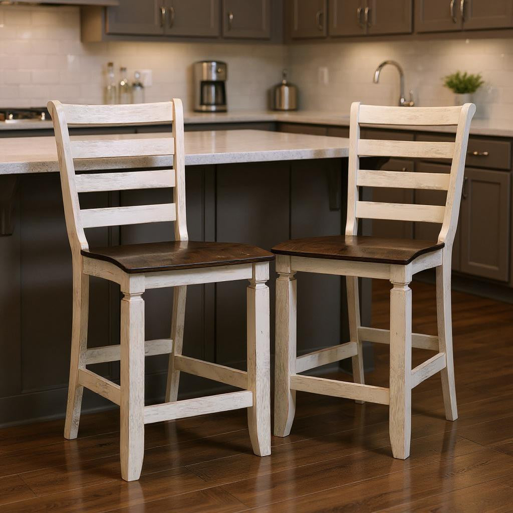 Set of Two 24" Oak and Antiqued White Solid Wood Counter Height Bar Chairs