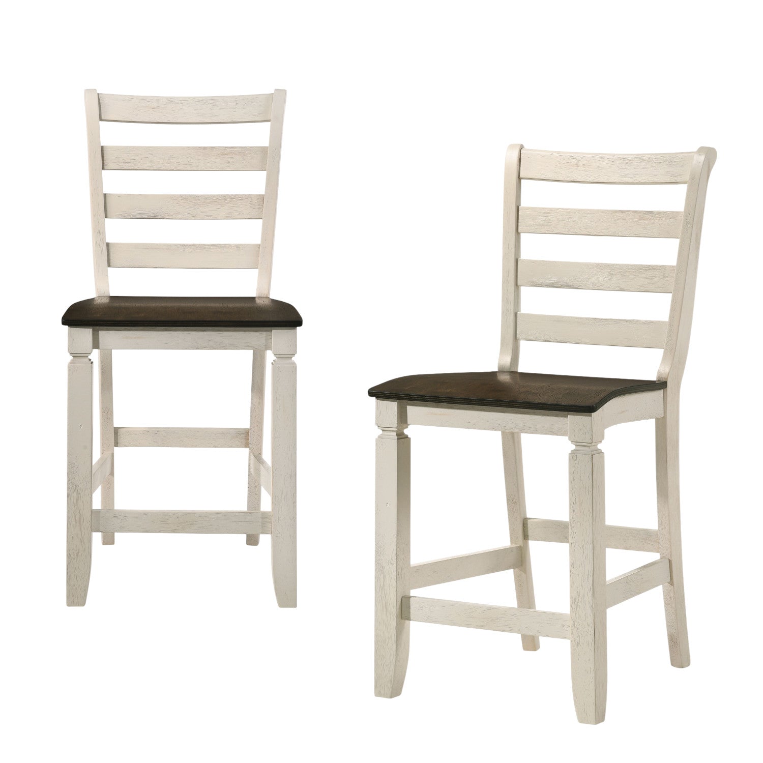 Set of Two 24" Oak and Antiqued White Solid Wood Counter Height Bar Chairs