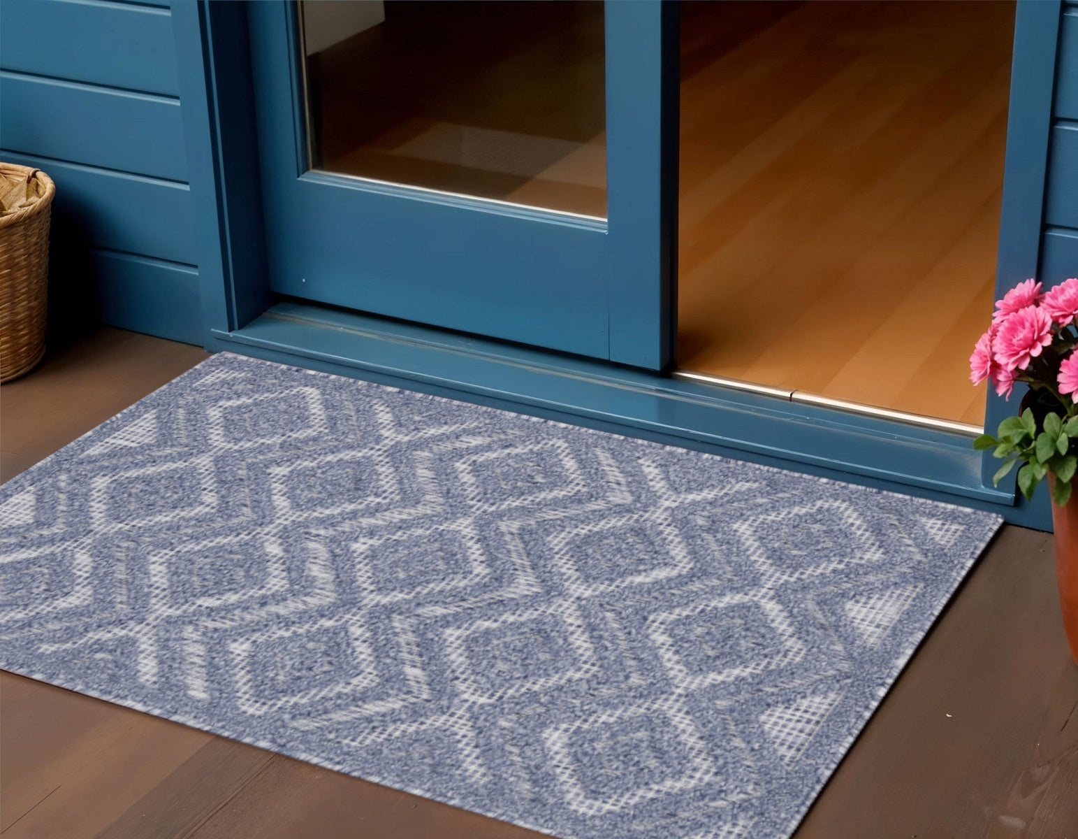 2' X 4' Denim Blue And Ivory Geometric Indoor Outdoor Area Rug