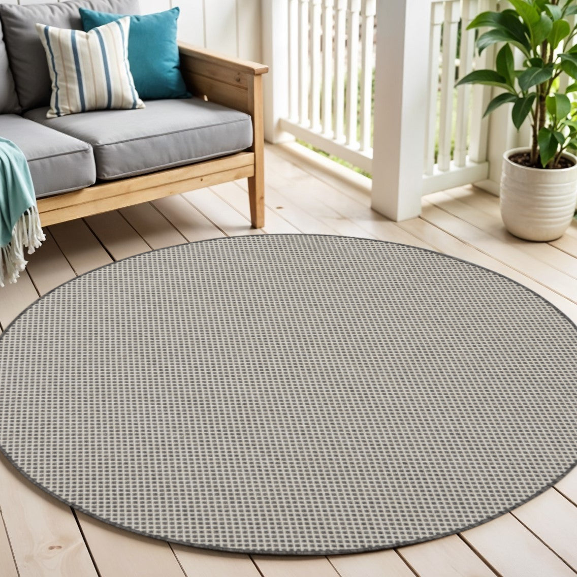 4' Ivory And Charcoal Round Geometric Indoor Outdoor Area Rug