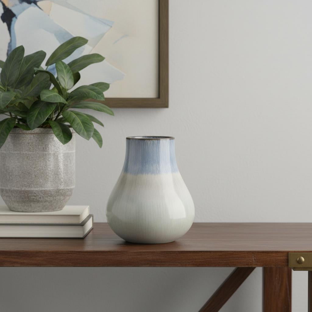 10" Blue Green Sand And Gray Ombre Round Ceramic Table Vase