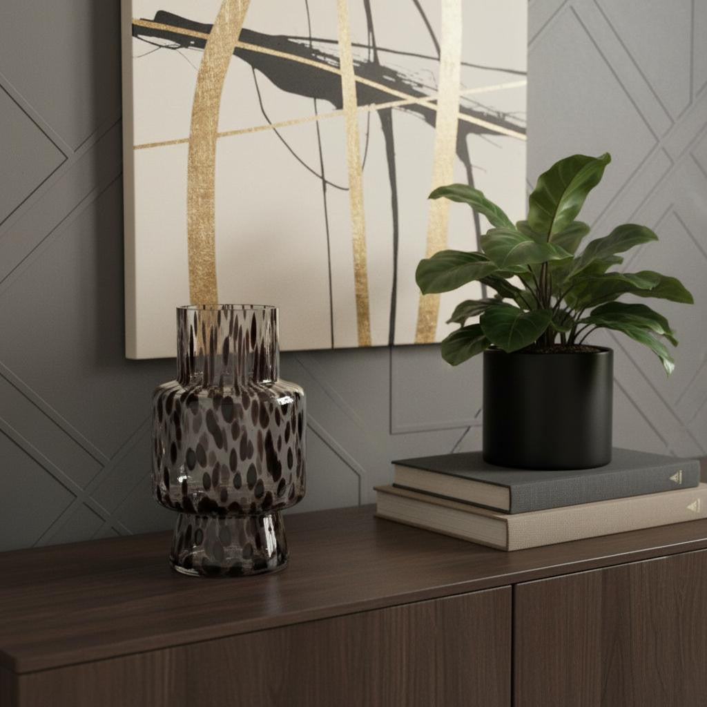 10" Clear Burgundy And Black Abstract Cylinder Glass Table Vase