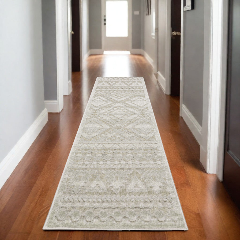 8' Beige And Ivory Tribal Runner Rug