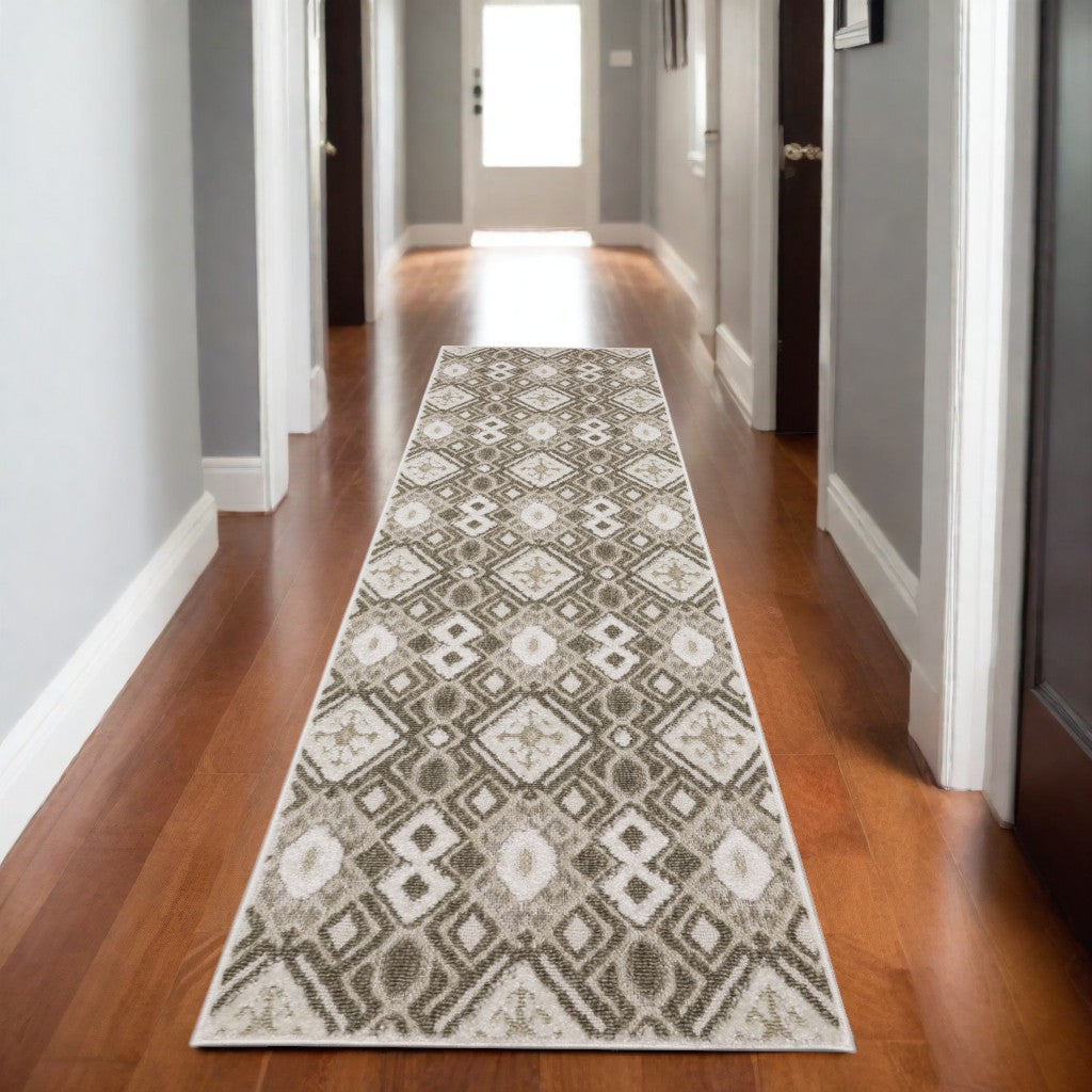 8' Beige And Brown Tribal Runner Rug