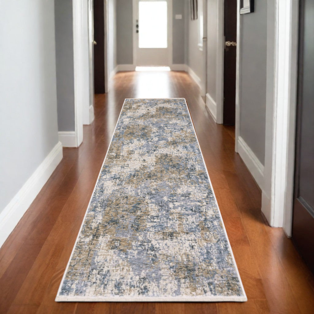 8' Beige And Blue Abstract Runner Rug With Fringe