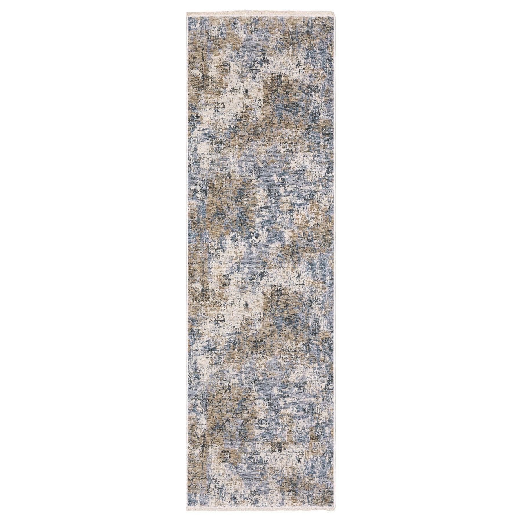 8' Beige And Blue Abstract Runner Rug With Fringe