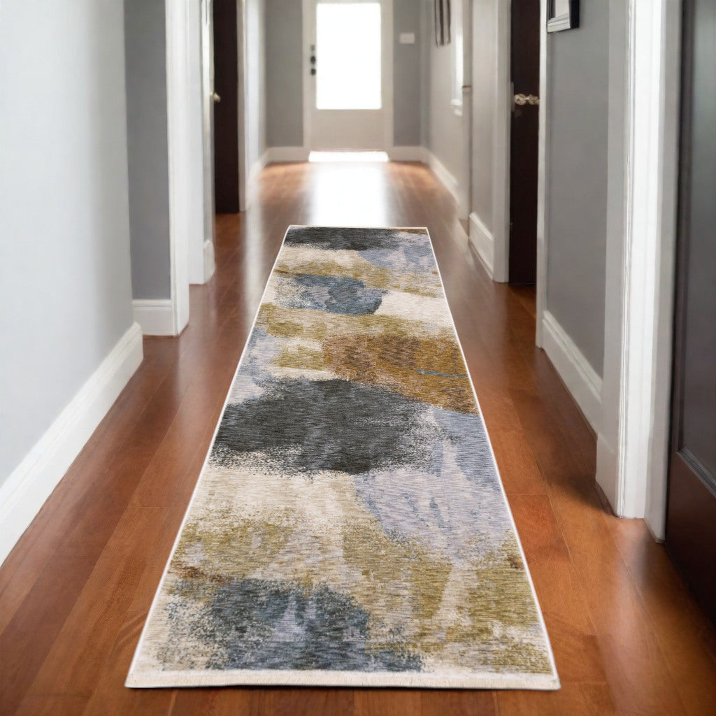 8' Beige And Rust Abstract Runner Rug With Fringe