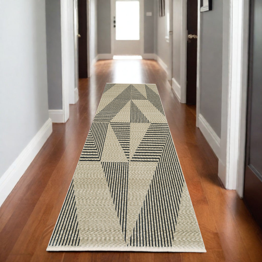 8' Beige Geometric Runner Rug With Fringe