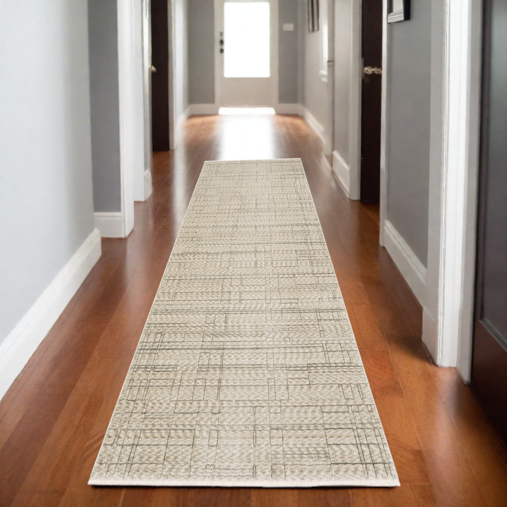 8' Beige And Brown Geometric Runner Rug With Fringe