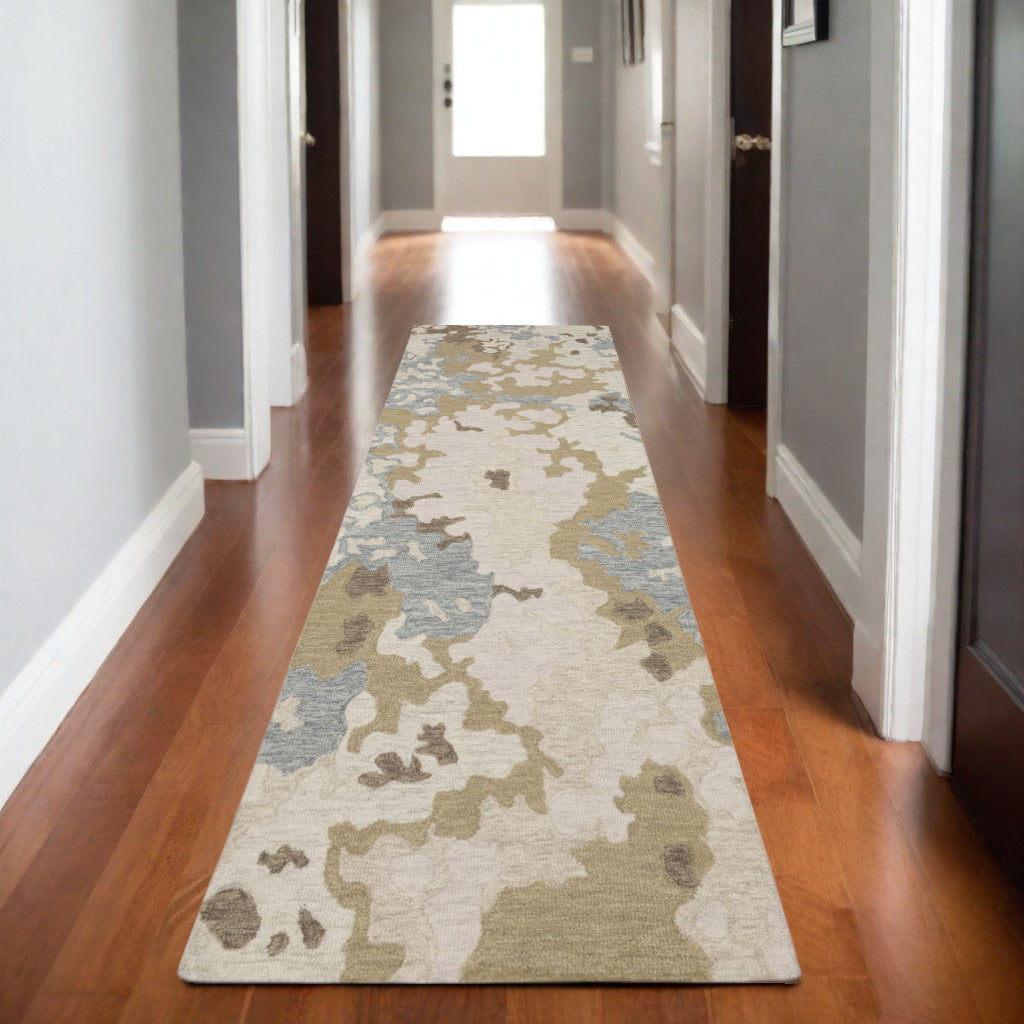8' Beige And Blue Wool Abstract Hand Tufted Runner Rug