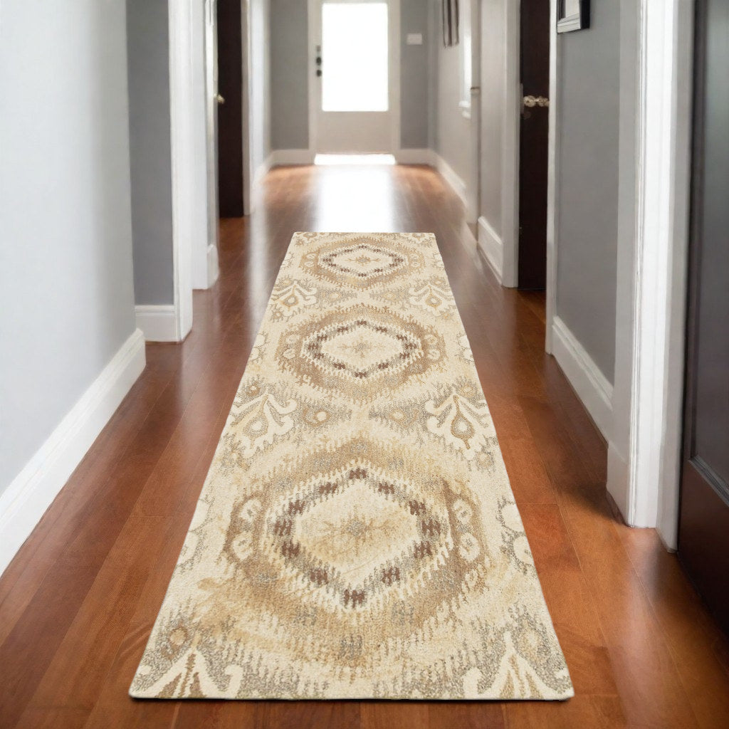 8' Beige And Ivory Wool Abstract Hand Tufted Runner Rug
