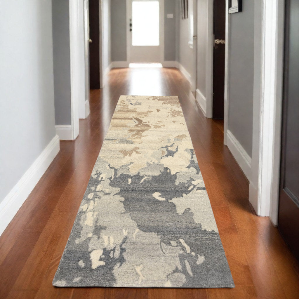 8' Beige And Charcoal Wool Abstract Hand Tufted Runner Rug