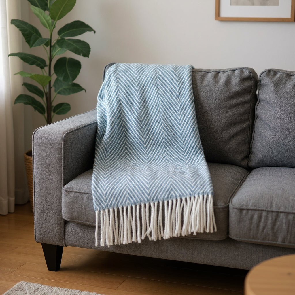 51" X 67" Blue Cotton Woven Herringbone Throw Blanket with Fringe
