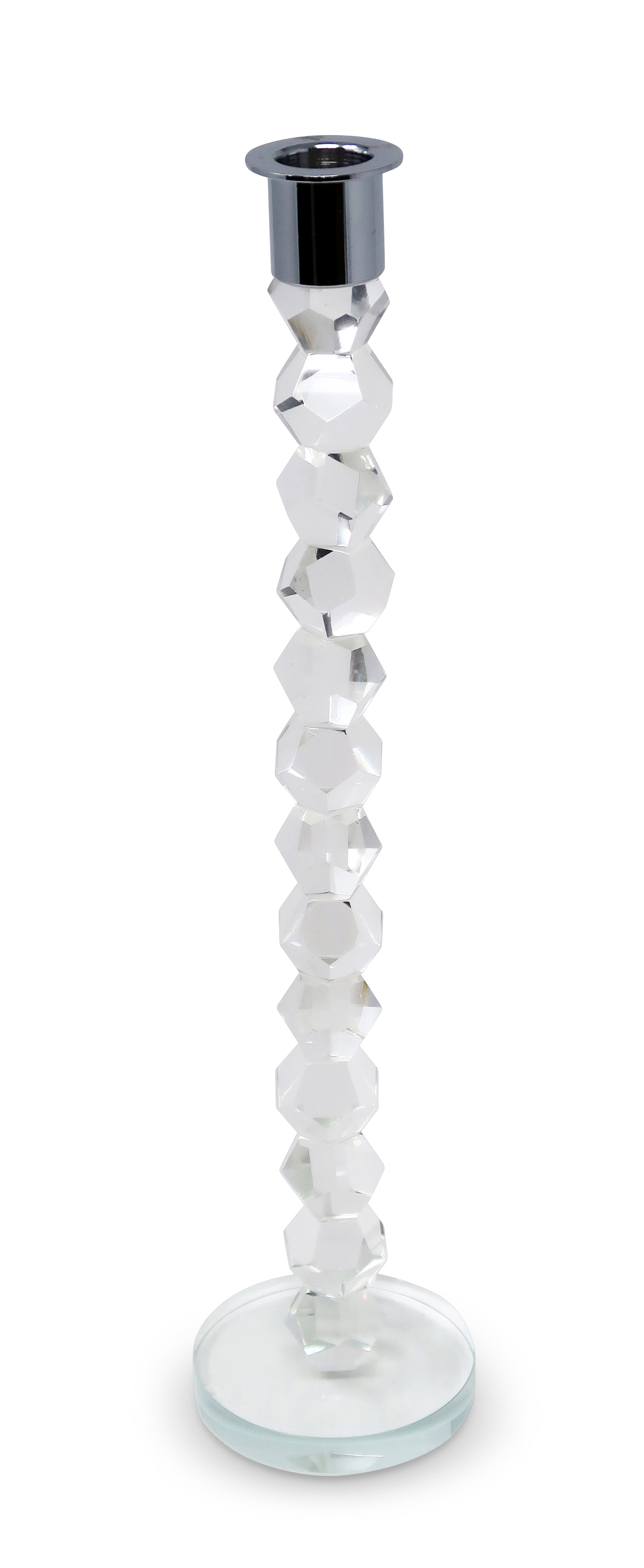 14" Clear And Silver Geo Stacks Crystal Tabletop Taper Candlestick