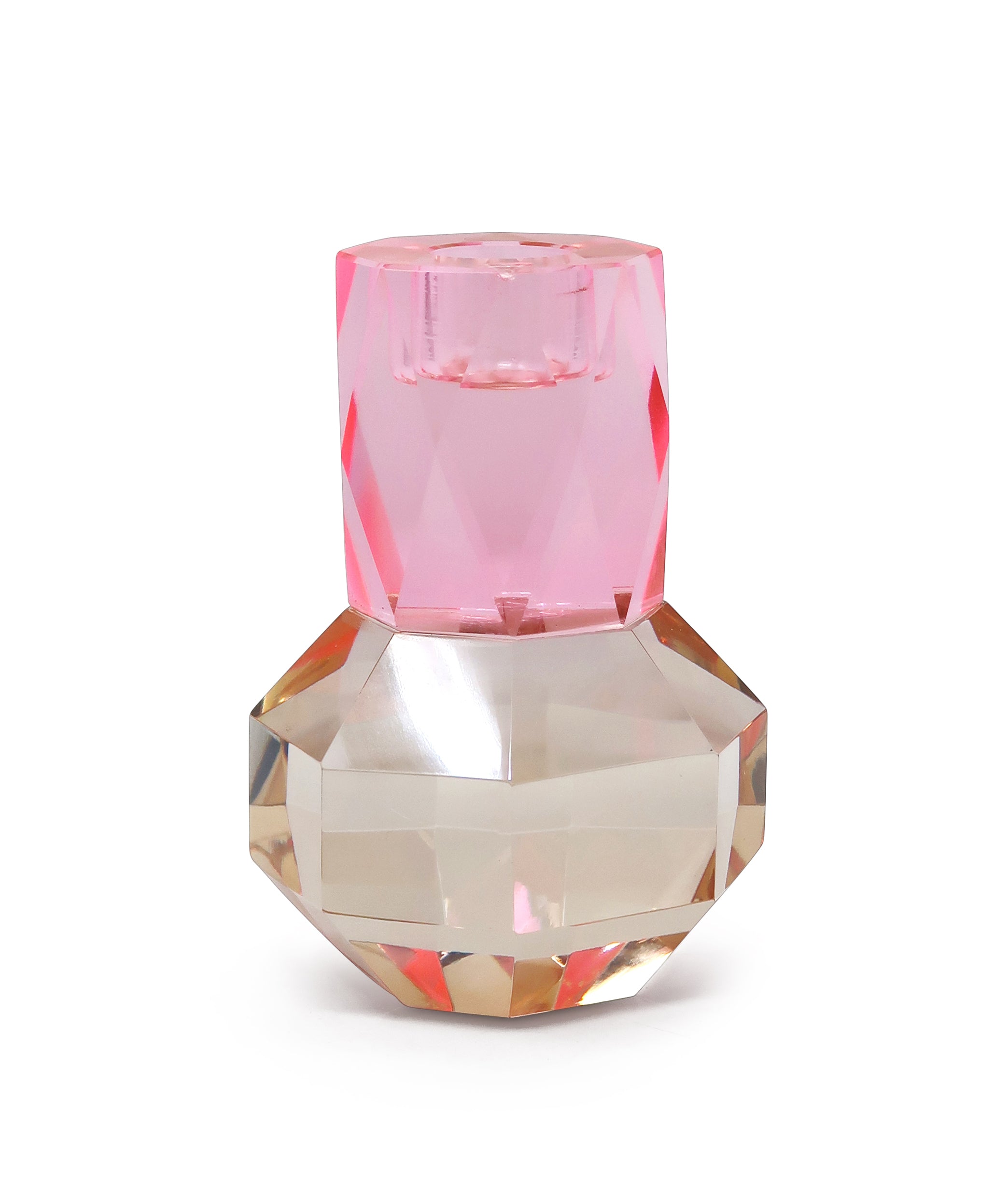 5" Pink And Clear Faceted Crystal Tabletop Taper Candlestick