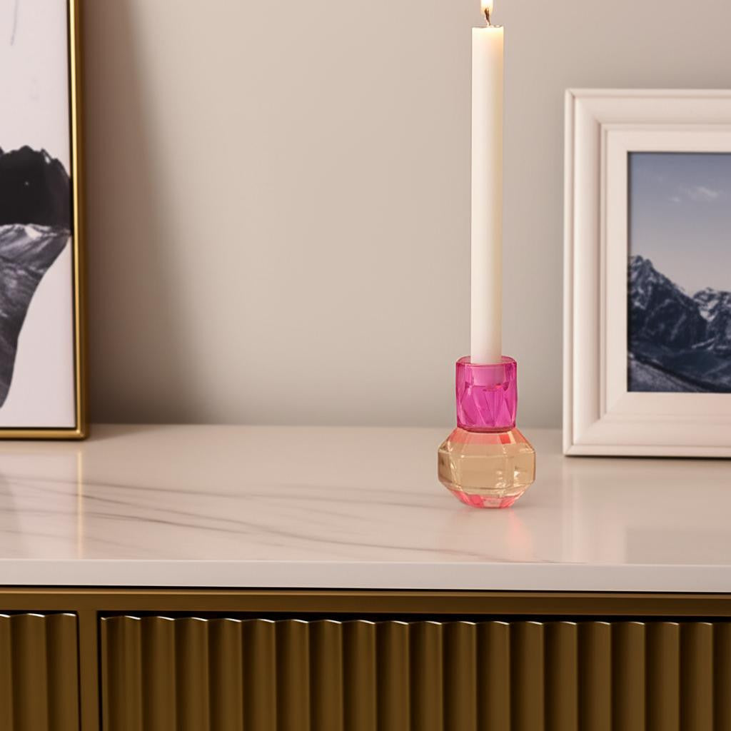 5" Pink And Clear Faceted Crystal Tabletop Taper Candlestick