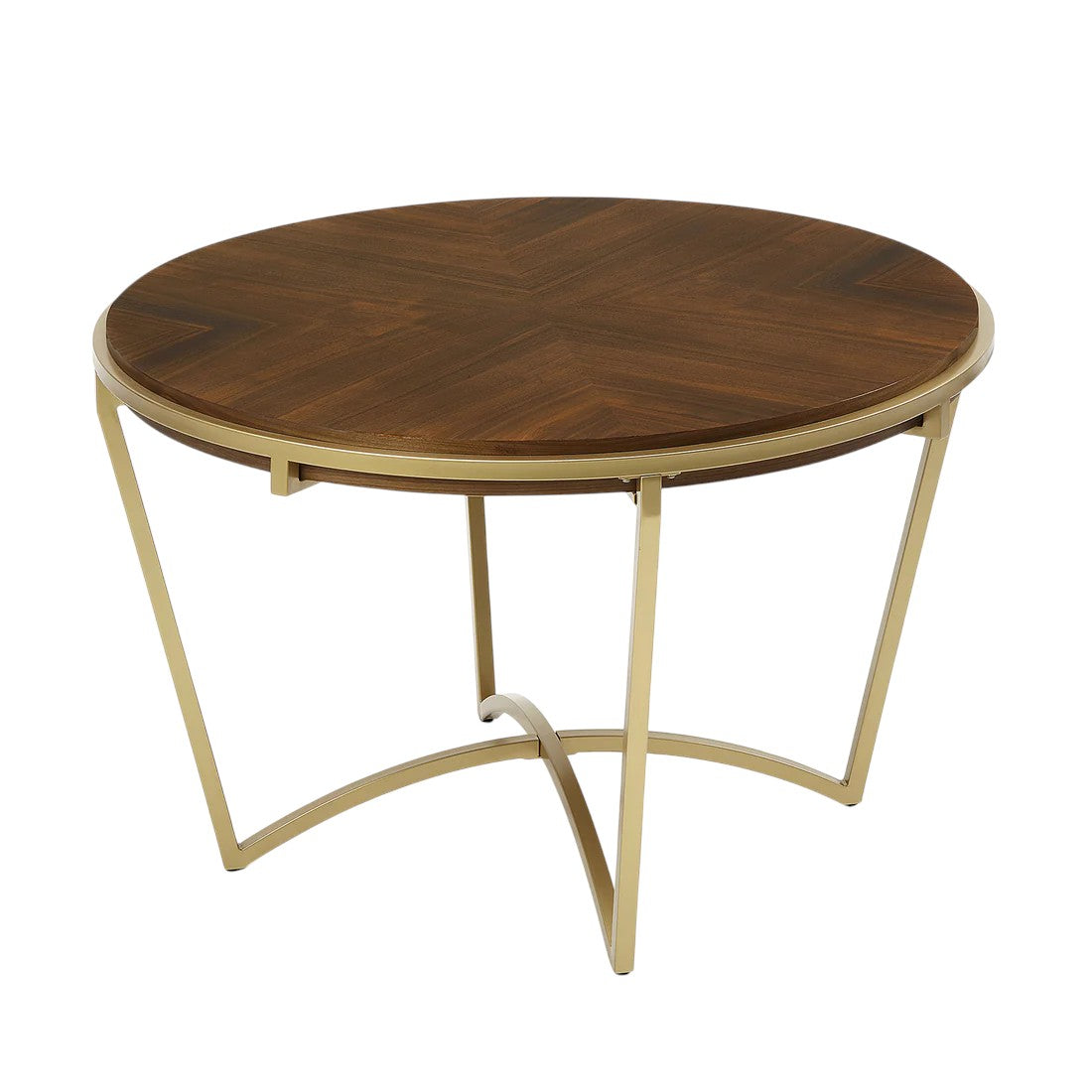 46" Brown And Gold Solid Wood And Metal Trestle Base Round Top Dining Table