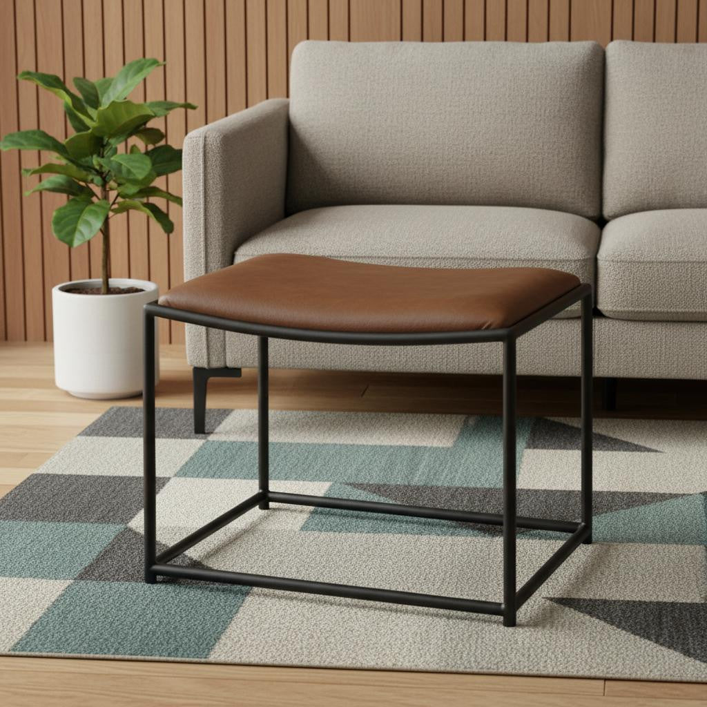 23" Brown and Black Metal and Genuine Leather Footstool