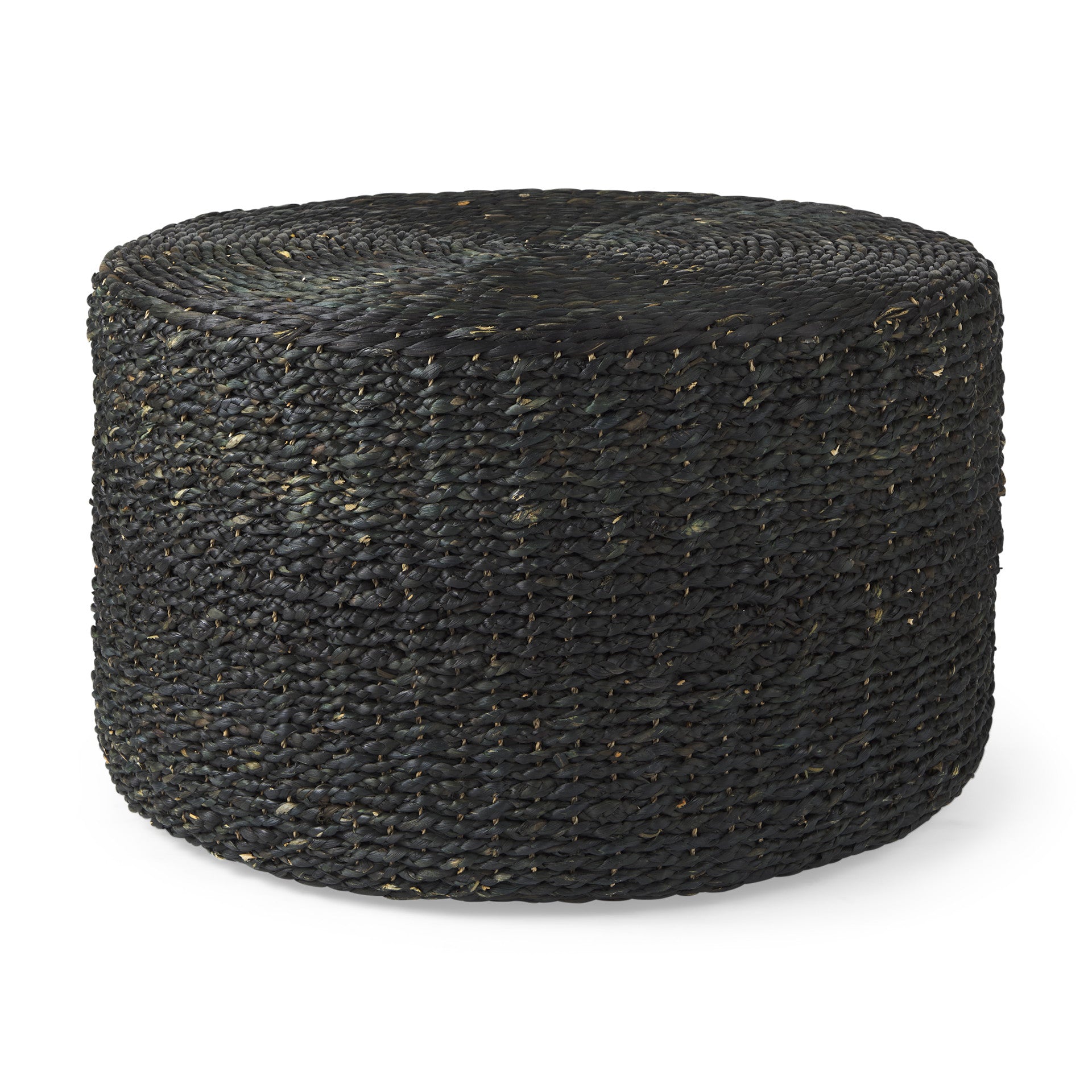 30" Black Water Hyacinth Round Pouf Ottoman