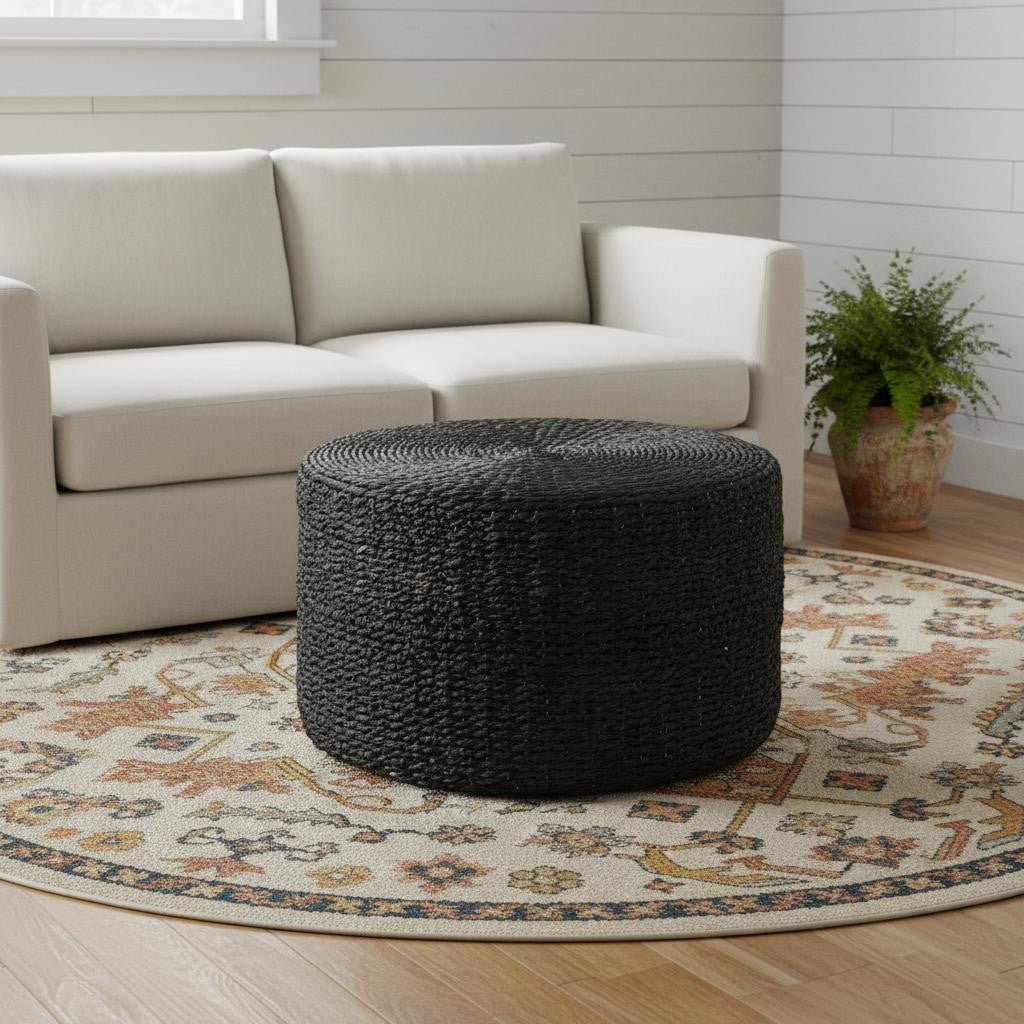 30" Black Water Hyacinth Round Pouf Ottoman
