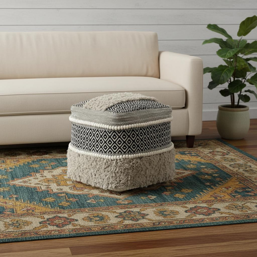 16" Black Gray and White Cotton Geometric Pouf Ottoman