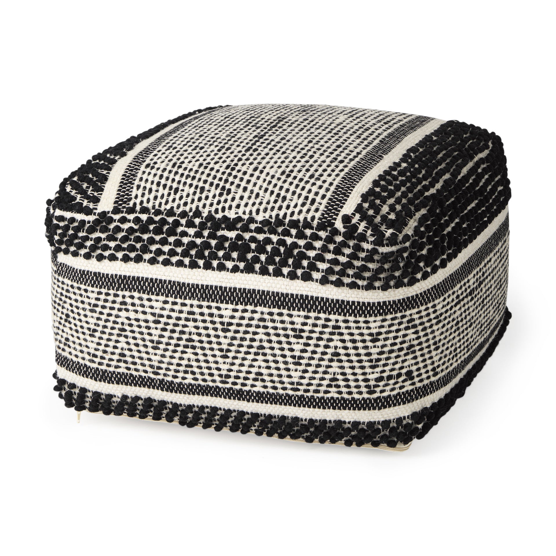 22" Black and White Cotton And Wool Geometric Pouf Ottoman