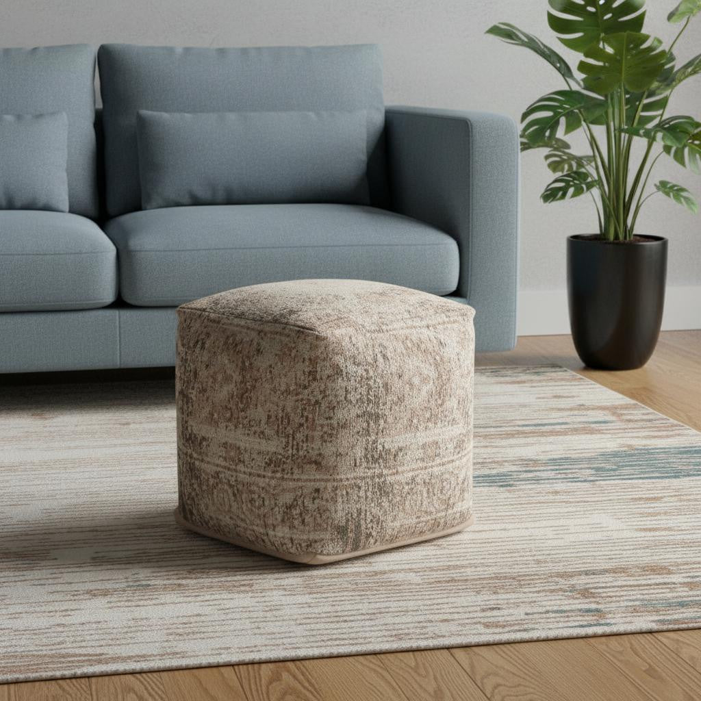 18" Beige and Taupe Chenille Geometric Cube Pouf Ottoman