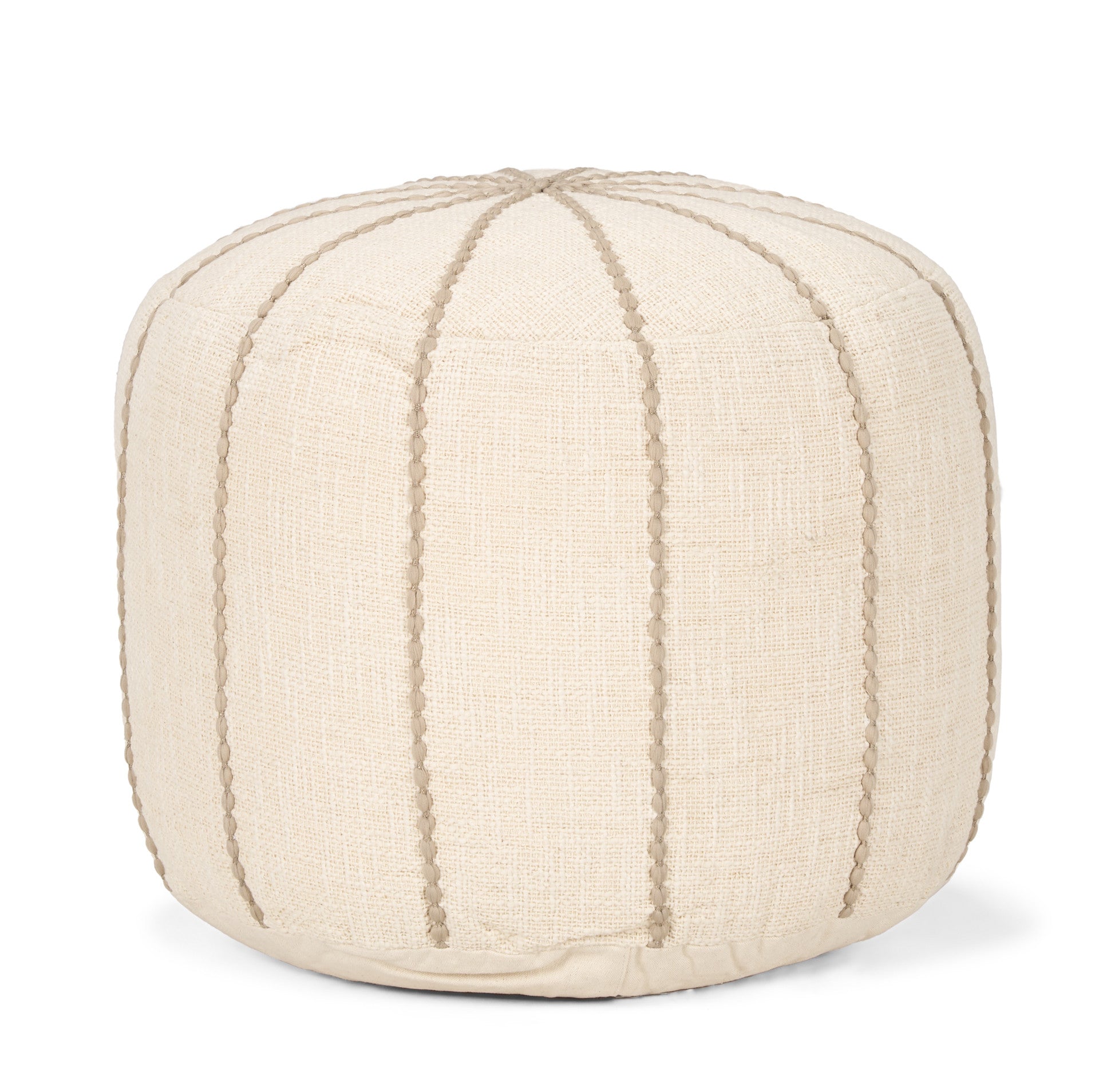 18" Beige and Taupe Fabric Striped Round Pouf Ottoman