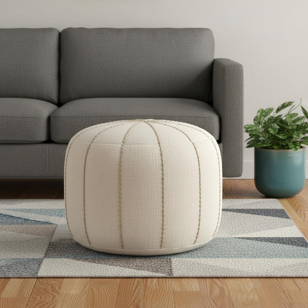 18" Beige and Taupe Fabric Striped Round Pouf Ottoman