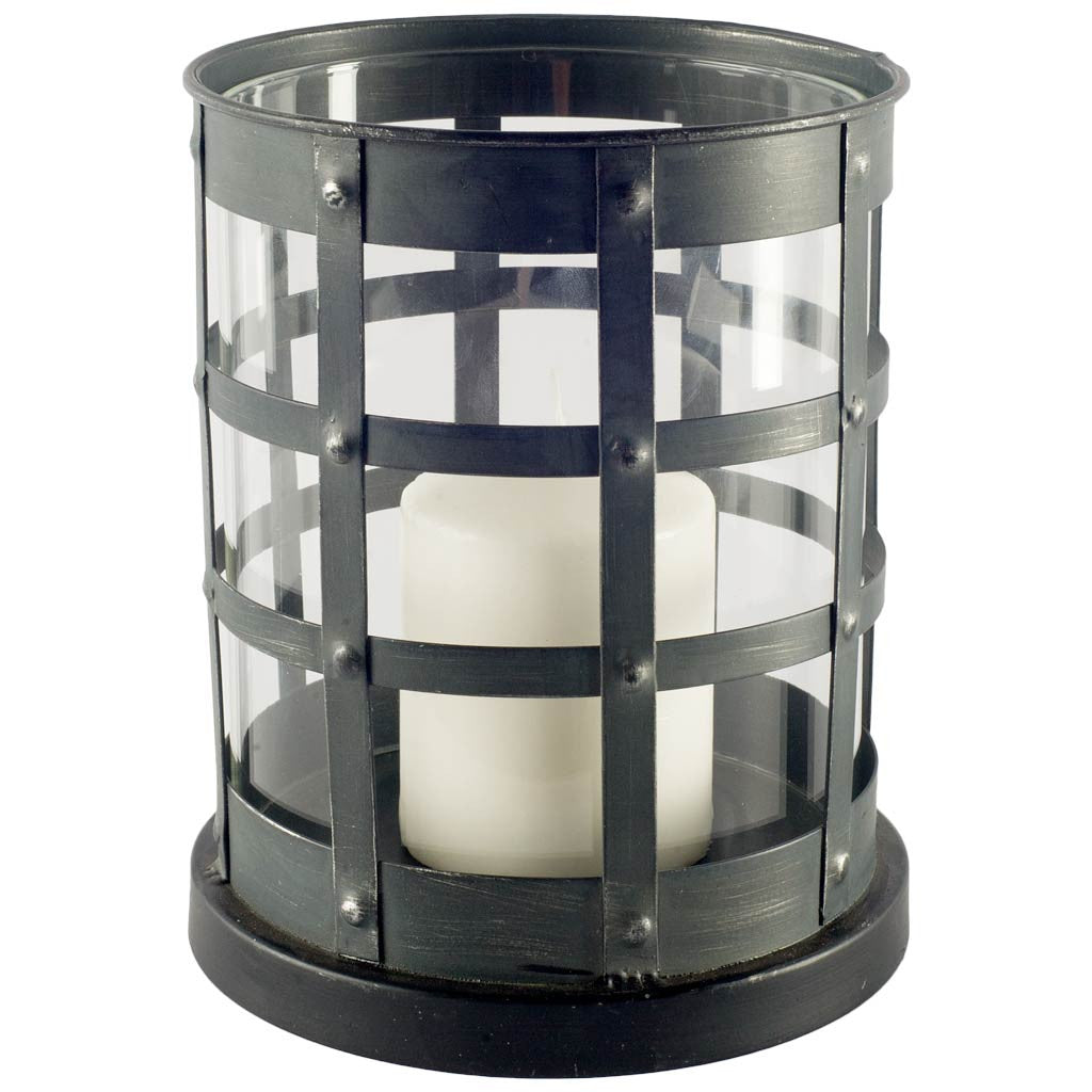 8" Black Distressed Lattice Metal And Glass Tabletop Hurricane Candle Holder