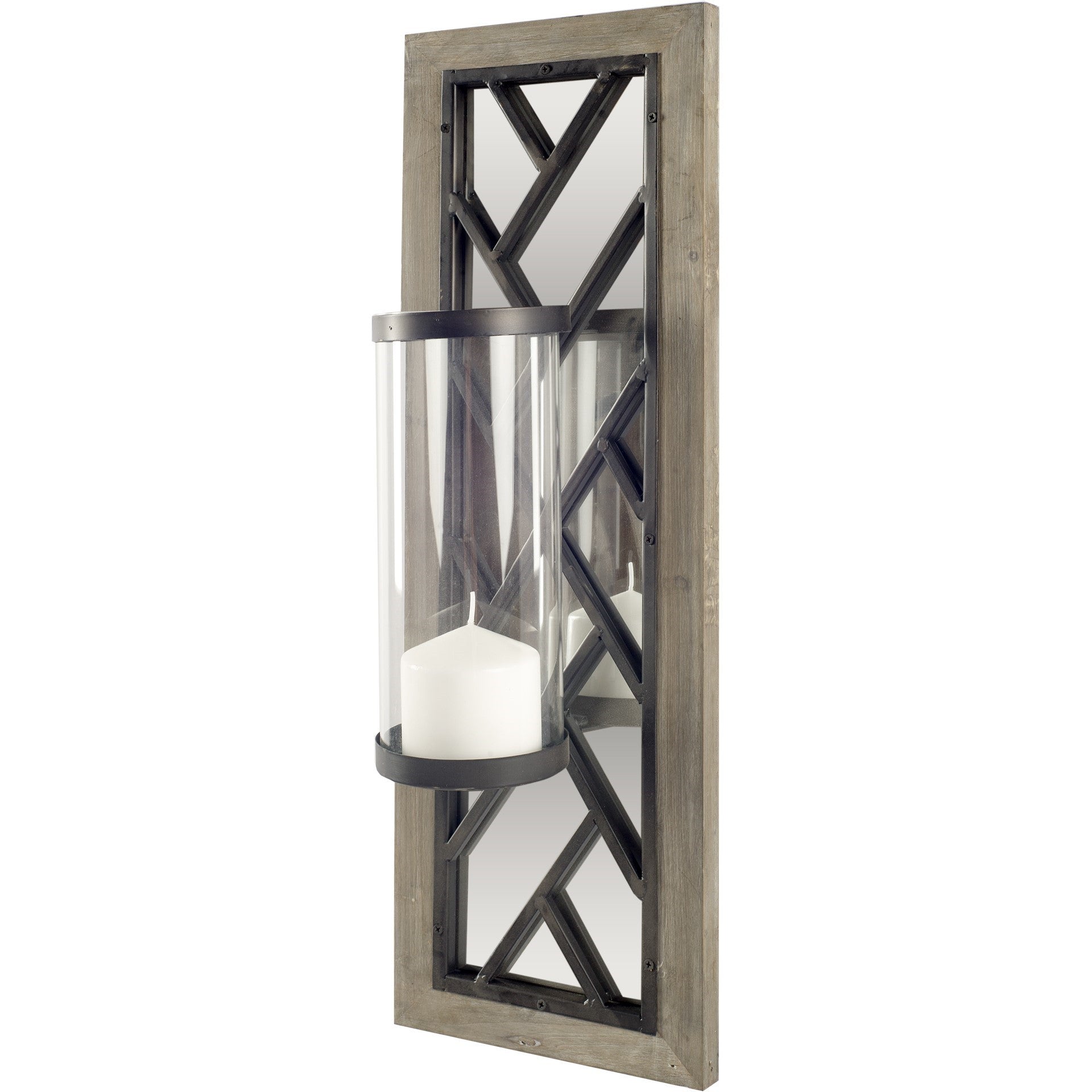 24" Black Distressed Mirrored Metal Glass And Solid Wood Wall Sconce Candle Holder
