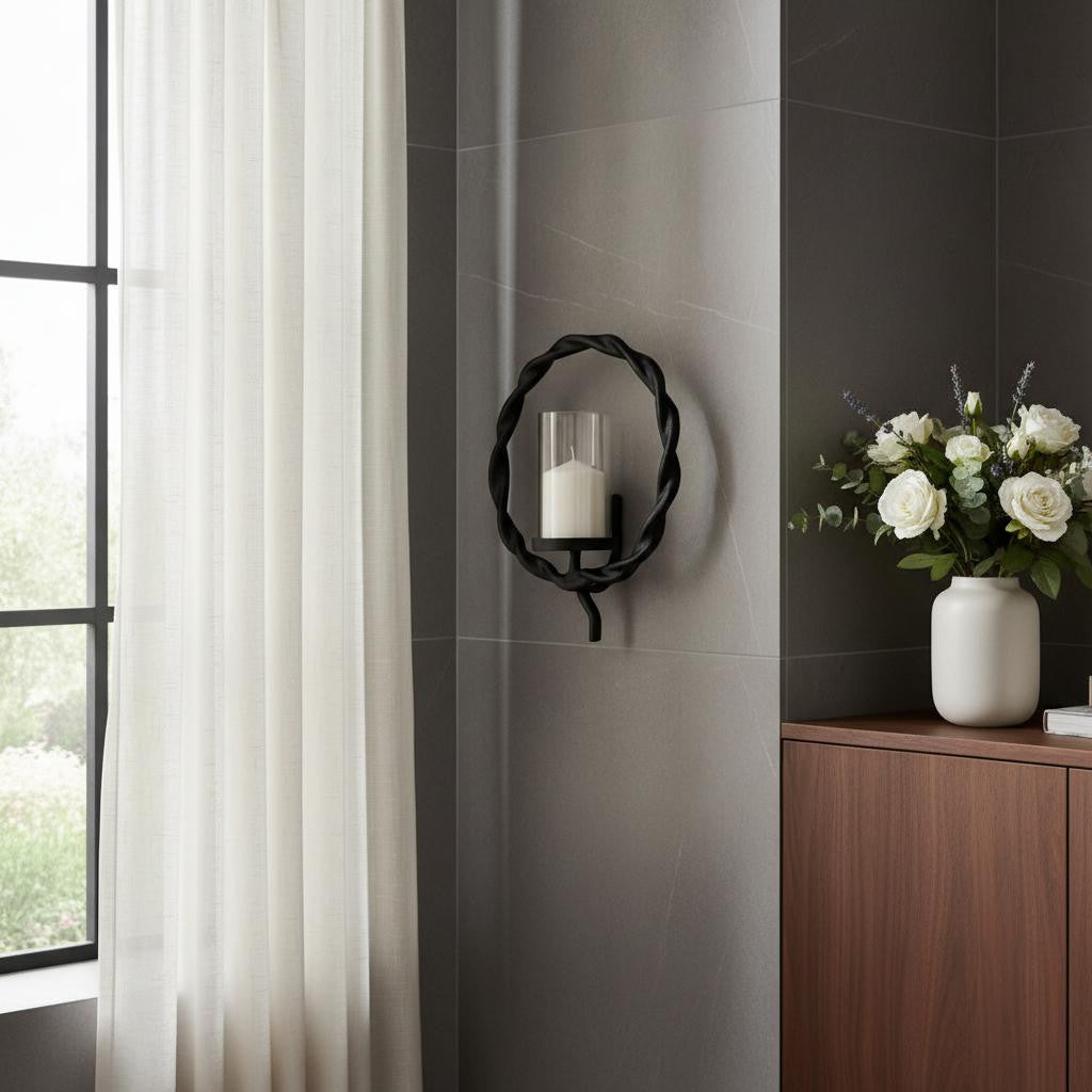 5" Black Distressed Geometric Metal And Glass Wall Sconce Candle Holder