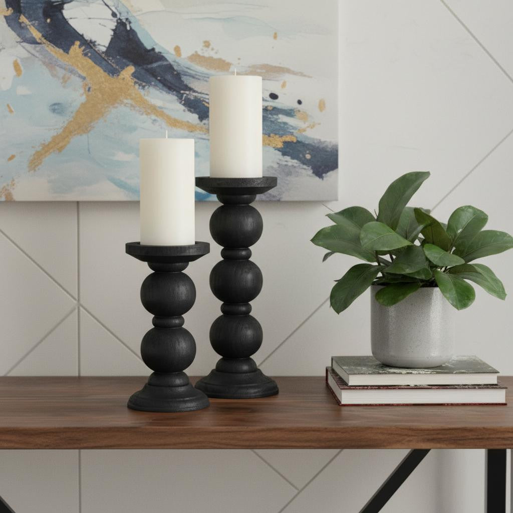 Set of Two Black Wood Abstract Tabletop Candle Holders