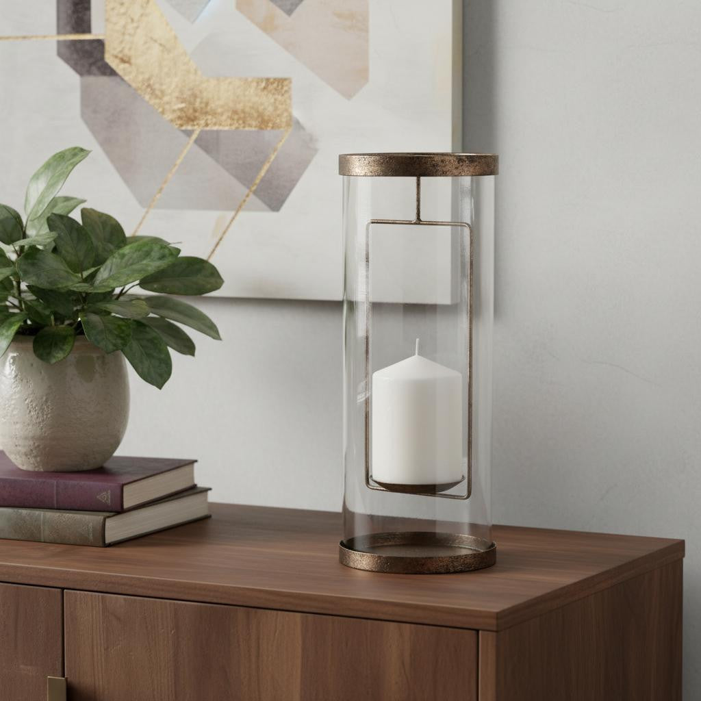 12" Copper Distressed Geometric Metal And Glass Tabletop Hurricane Candle Holder