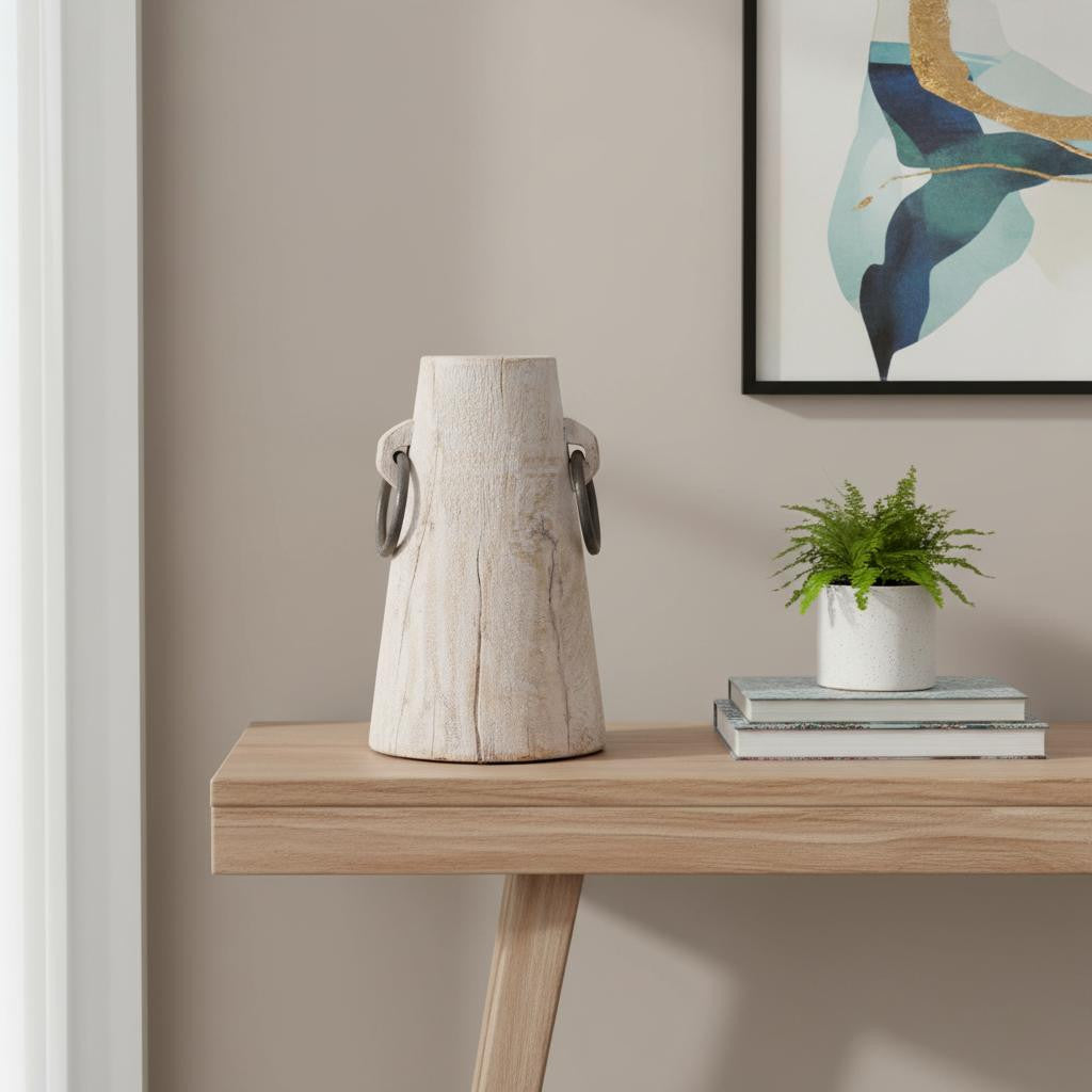 10" Beige Cylinder Solid Wood Jug Vase