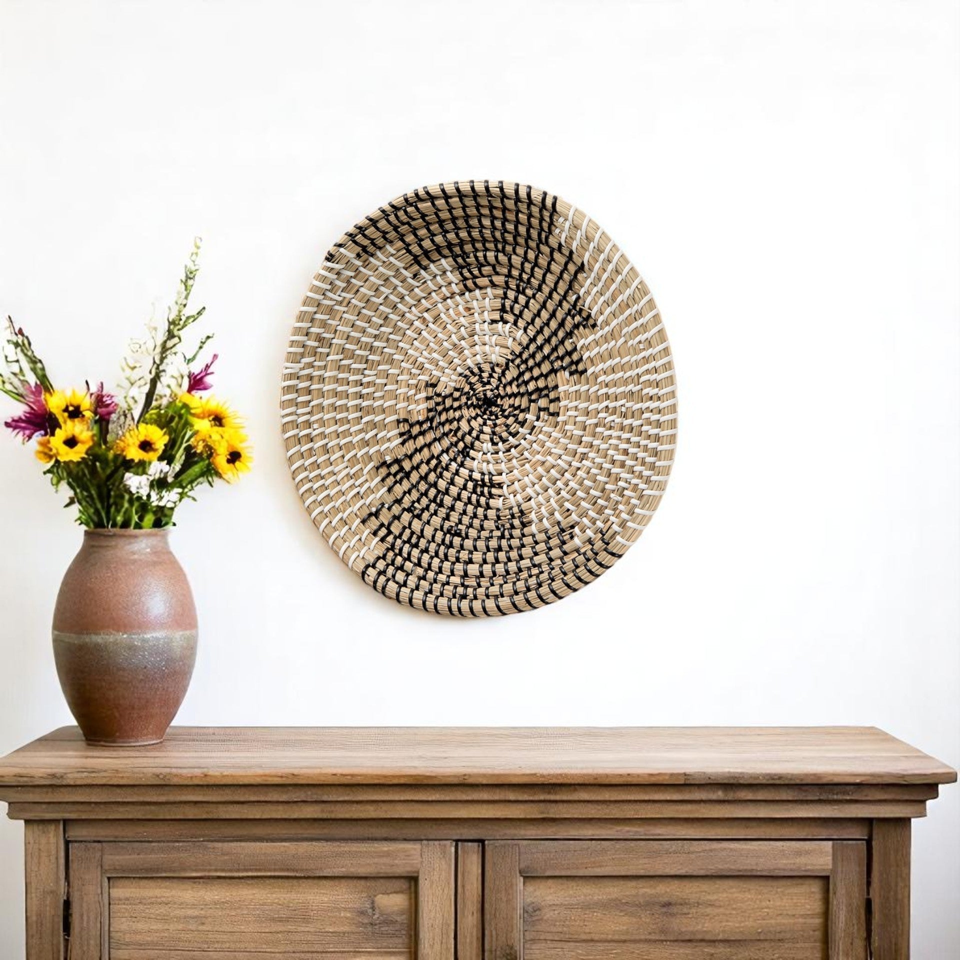 Luna 12" X 12" Black Light Brown And White Abstract Geometric Seagrass Circle Hanging Dimensional Sculpture