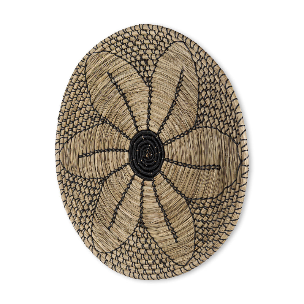 Mekhi 24" X 24" Black And Light Brown Floral Seagrass Circle Hanging Dimensional Sculpture