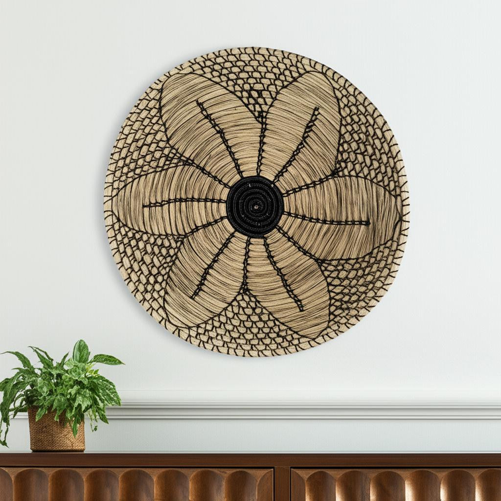 Mekhi 24" X 24" Black And Light Brown Floral Seagrass Circle Hanging Dimensional Sculpture