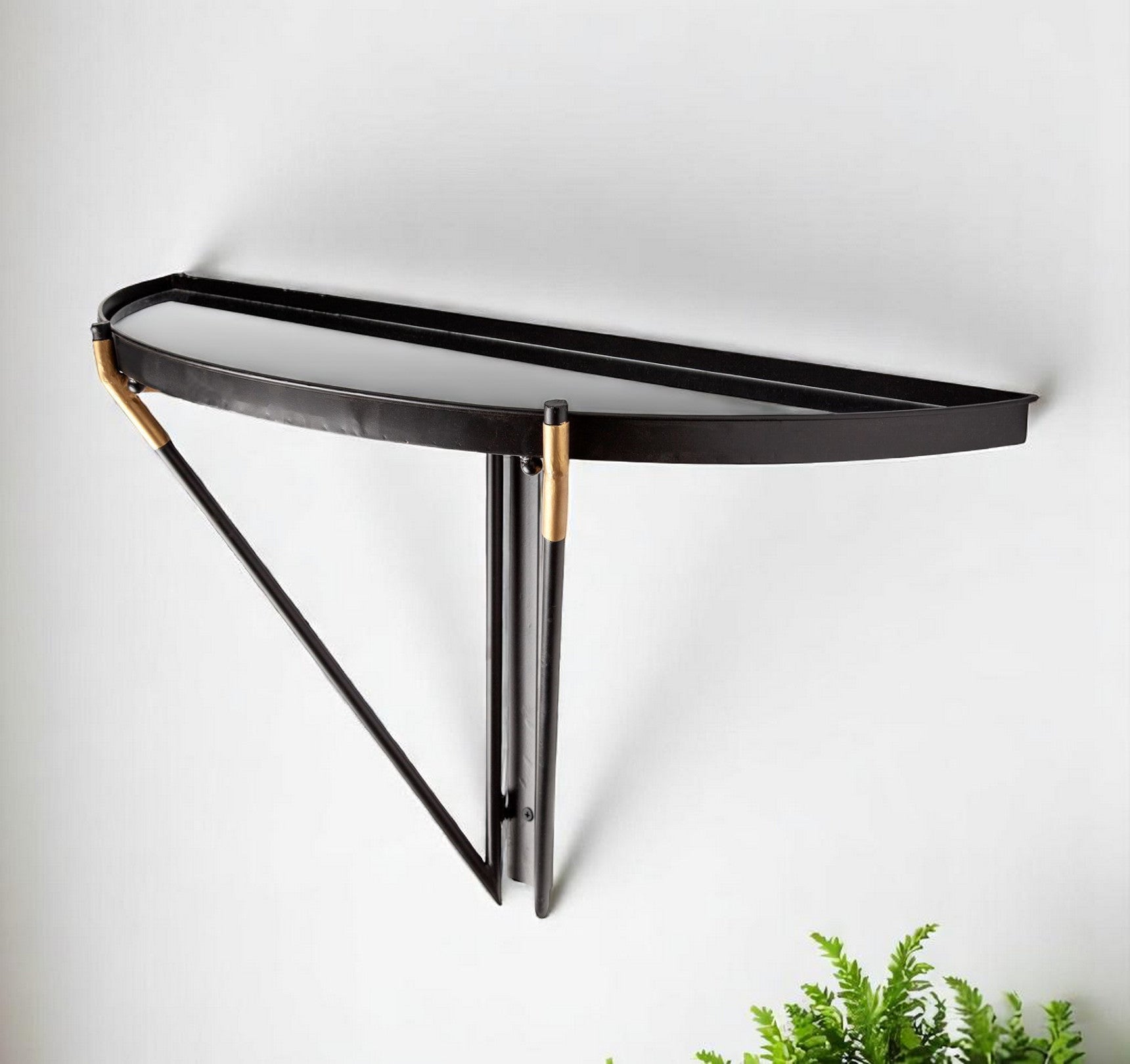 27" Black And Silver Glass And Metal Half Circle Wall Mounted Accent Shelf