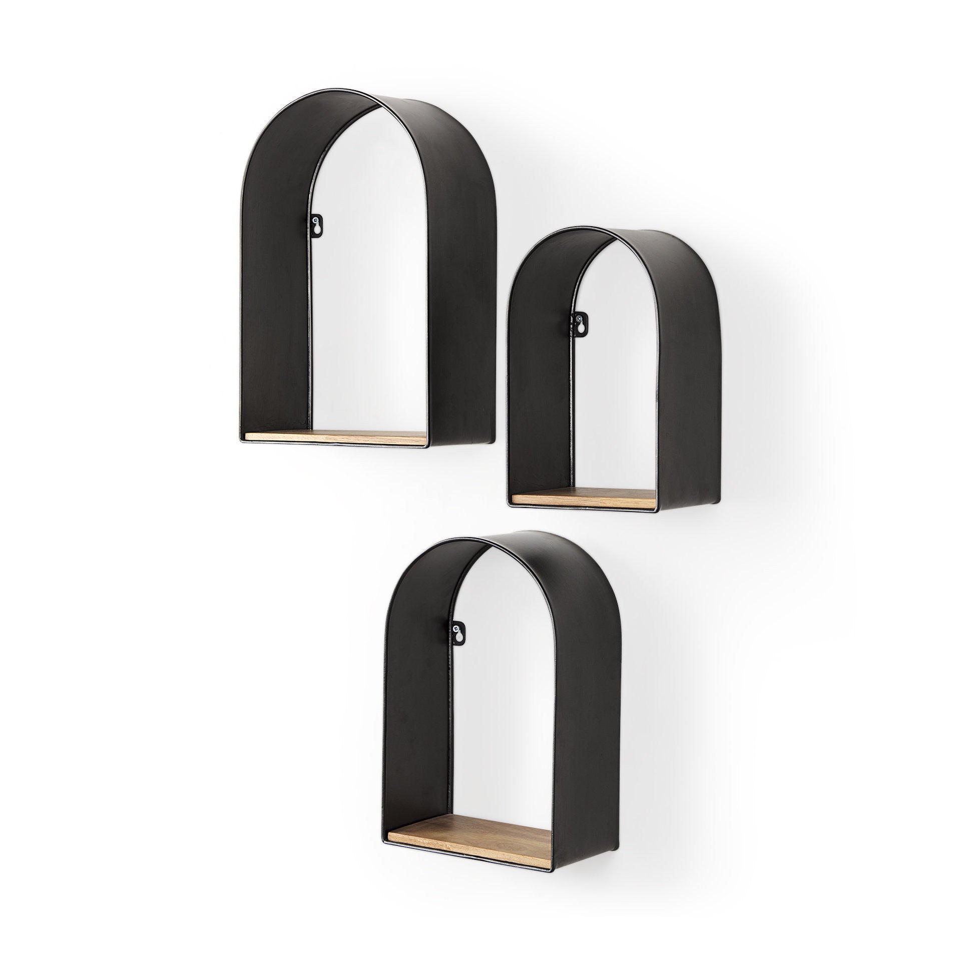 Set Of Three Black And Brown Metal And Solid Wood Arched Wall Mounted Accent Shelf