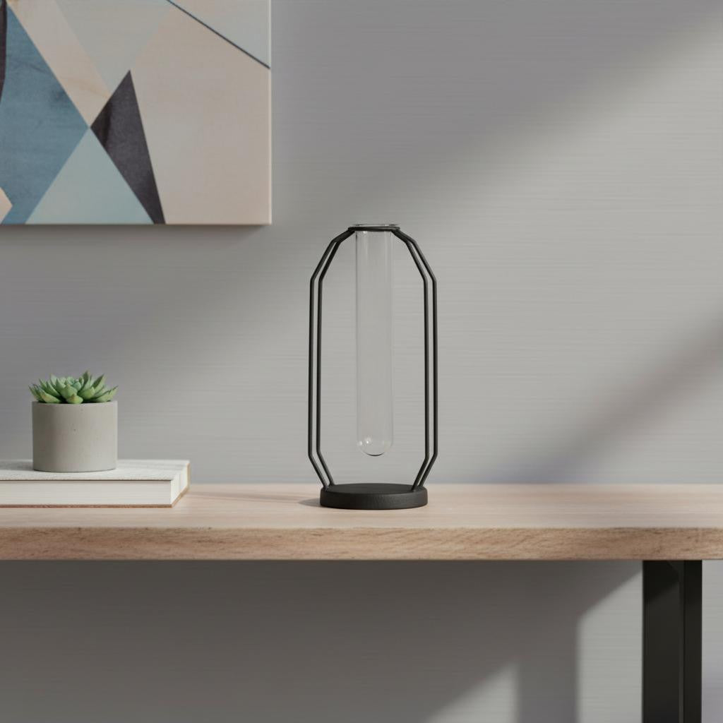 10" Black And Clear Glass And Metal Table Vase