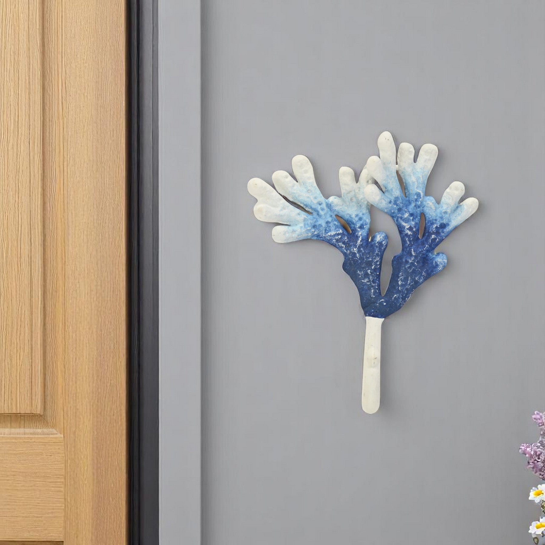 5" Blue And White Cast Iron Coral Wall Hook