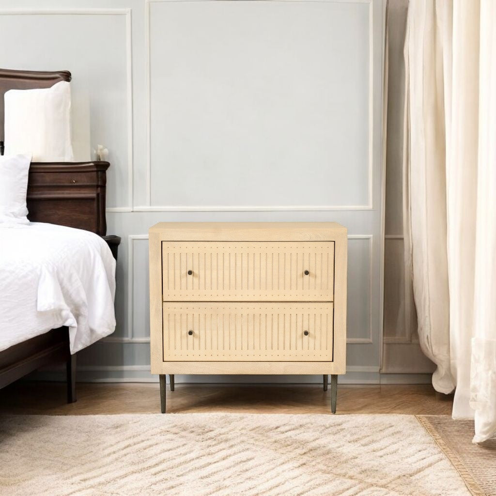 28" Natural Solid Wood Distressed Carved Geometric Two Drawer Nightstand