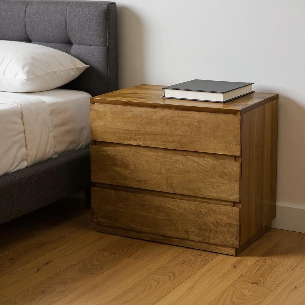 24" Tan Solid Wood Distressed Three Drawer Nightstand