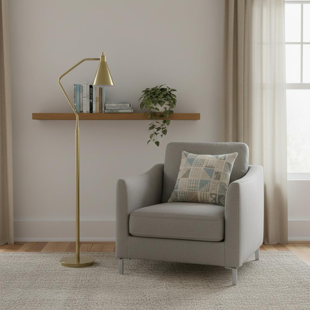 63" Antiqued Brass Metal Reading Floor Lamp With Antiqued Brass Metal Cone Shade