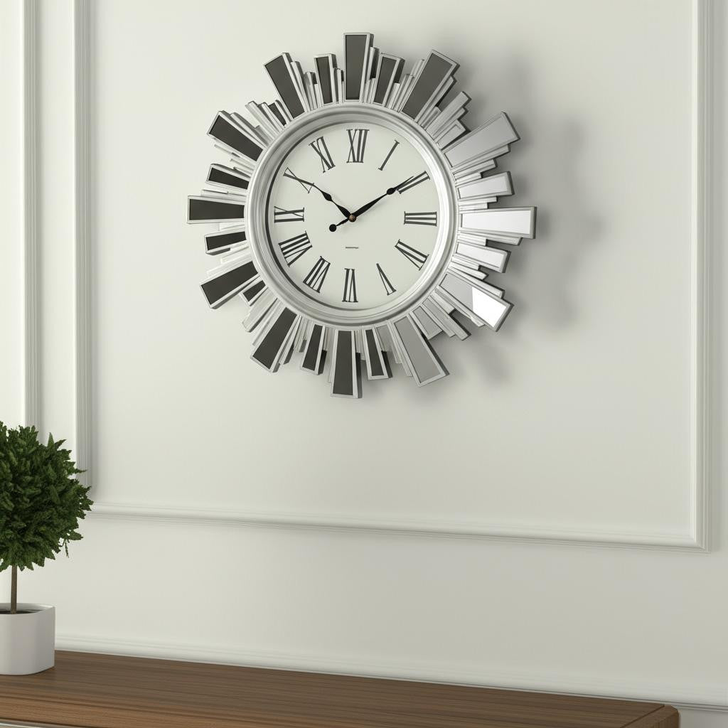 19" Silver And Clear Mirrored Glass And Heavy Duty Plastic Silent Analog Sunburst Wall Clock
