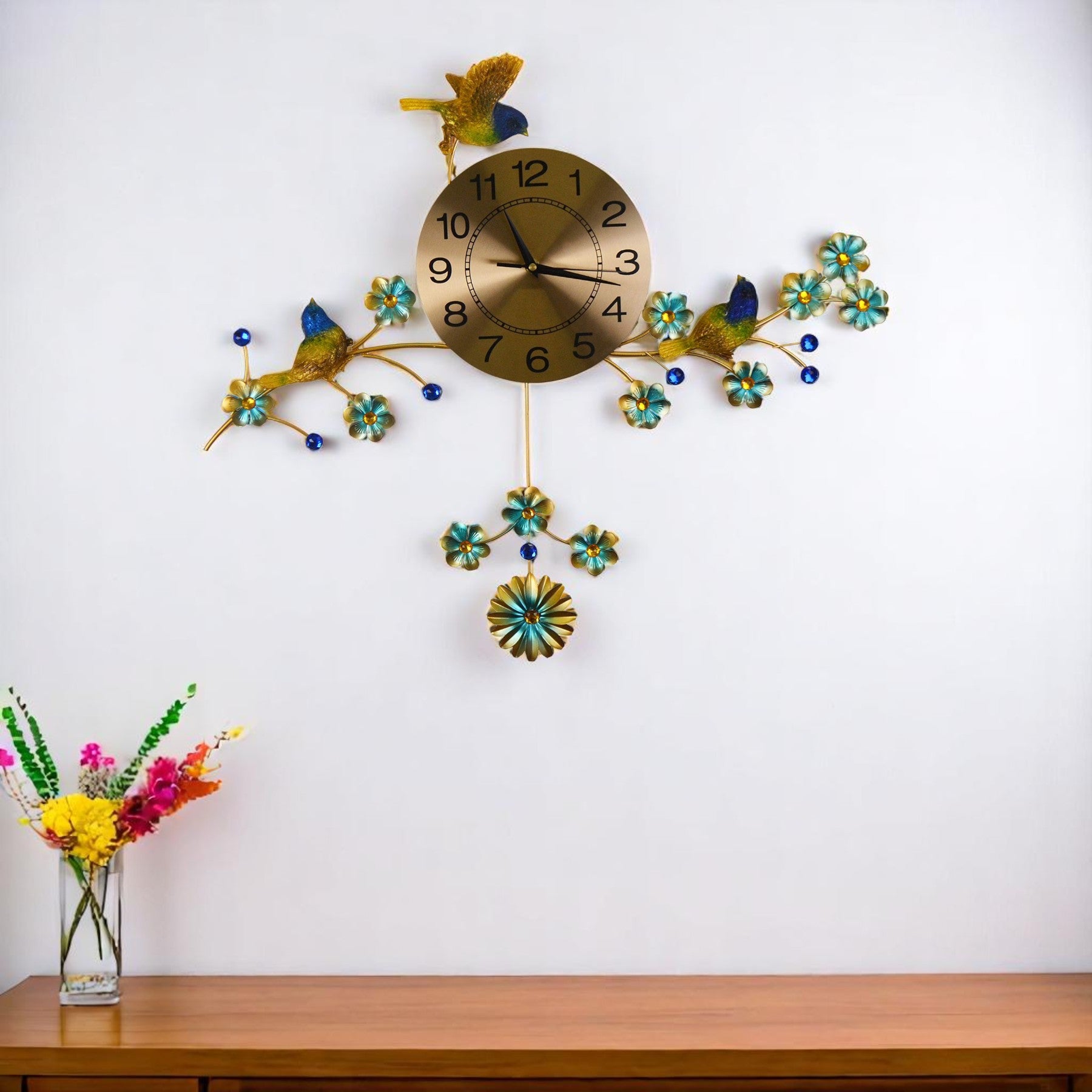 24" Blue Green And Gold Metal Silent Pendulum Floral Wall Clock