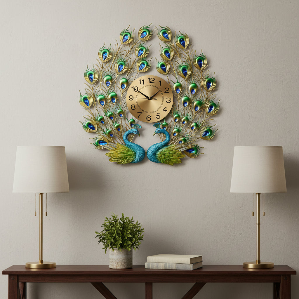 25" Blue Green And Gold Metal Silent Analog Peacock Novelty Wall Clock